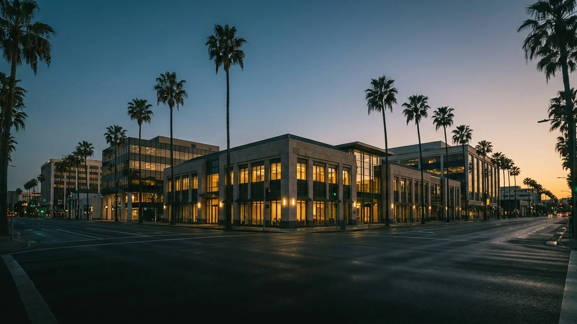 Beverly Hills residential street lined with palm trees at dusk