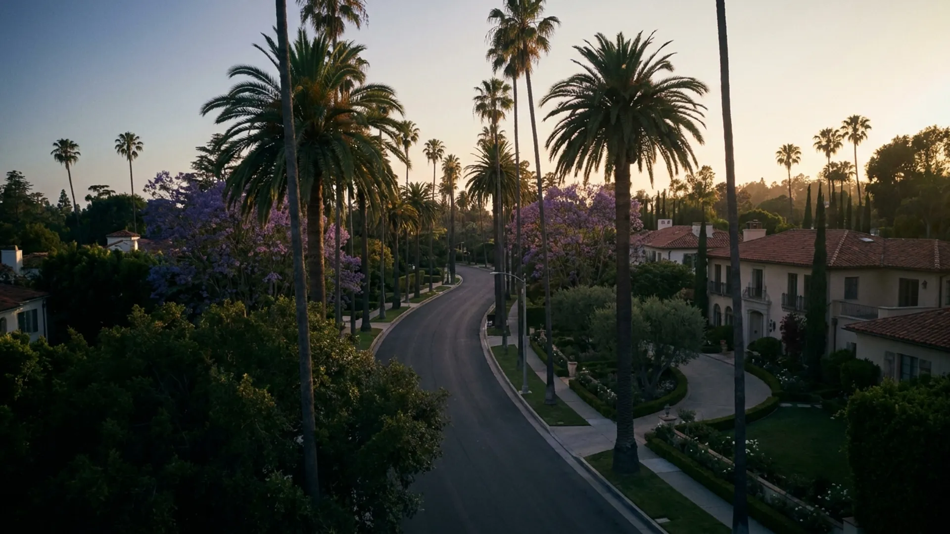 Warm Beverly Hills neighborhood of fine homes at golden hour