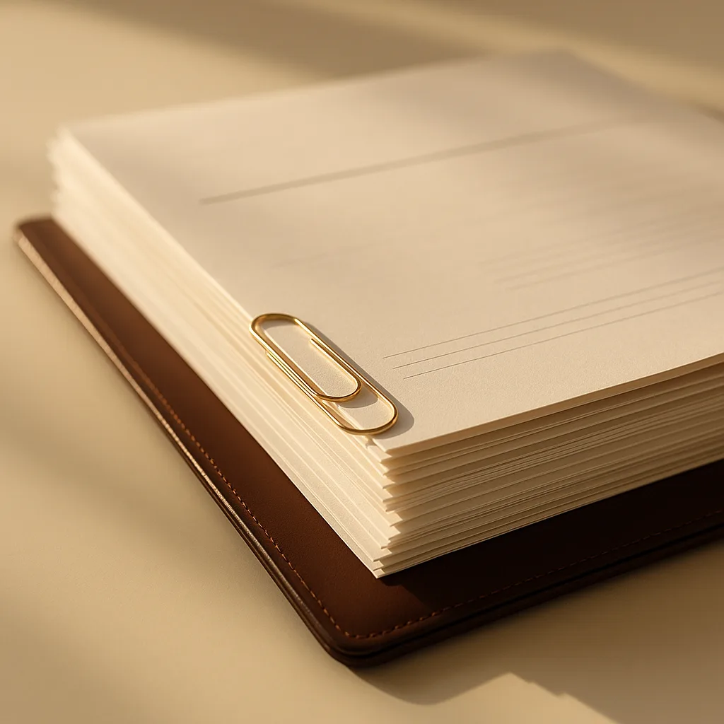 A neat stack of financial documents held with a gold paperclip on a leather folder