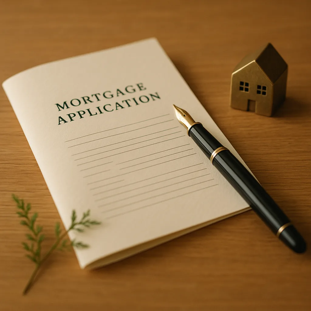 A mortgage application form with a fountain pen and a brass house figurine on a warm wood desk